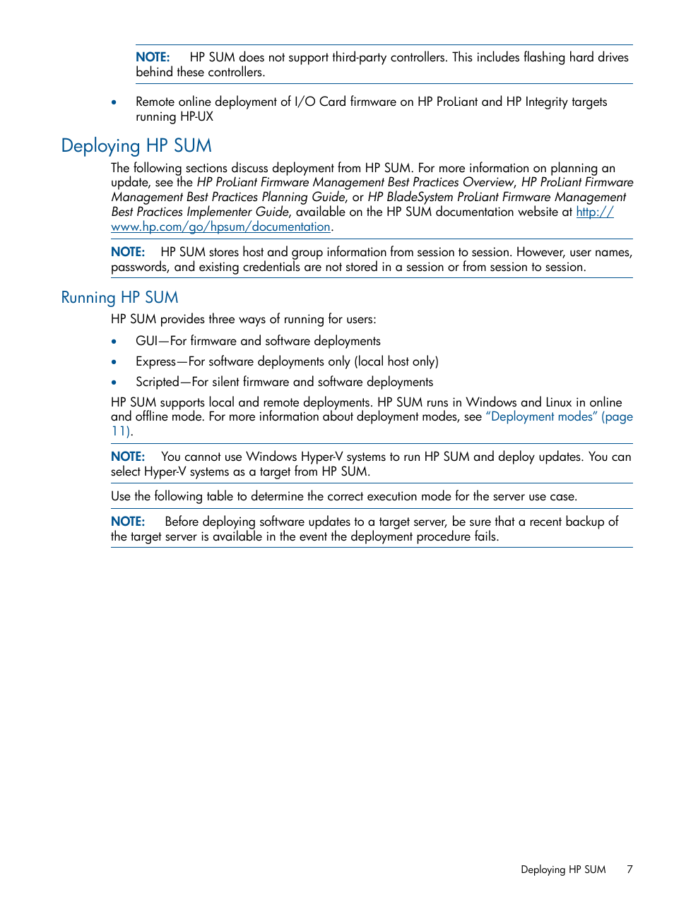 Deploying hp sum, Running hp sum | HP Smart Update Manager (User Guide) User Manual | Page 7 / 85