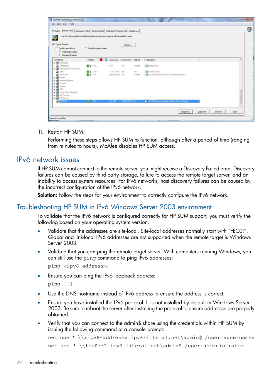 Ipv6 network issues | HP Smart Update Manager (User Guide) User Manual | Page 72 / 85