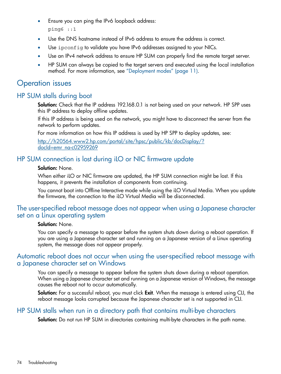 Operation issues, Hp sum stalls during boot | HP Smart Update Manager (User Guide) User Manual | Page 74 / 85