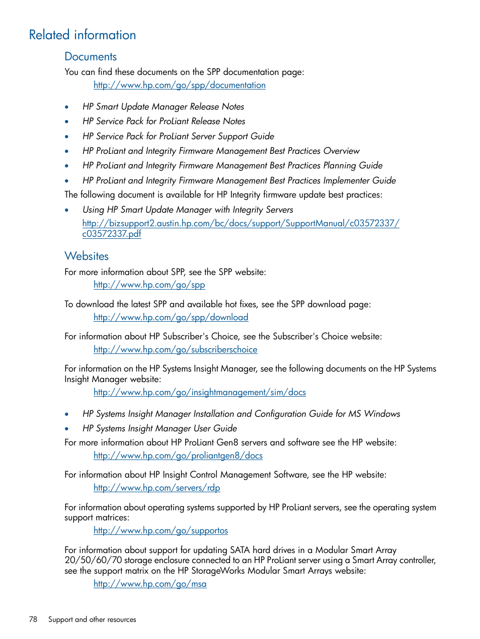 Related information, Documents, Websites | HP Smart Update Manager (User Guide) User Manual | Page 78 / 85