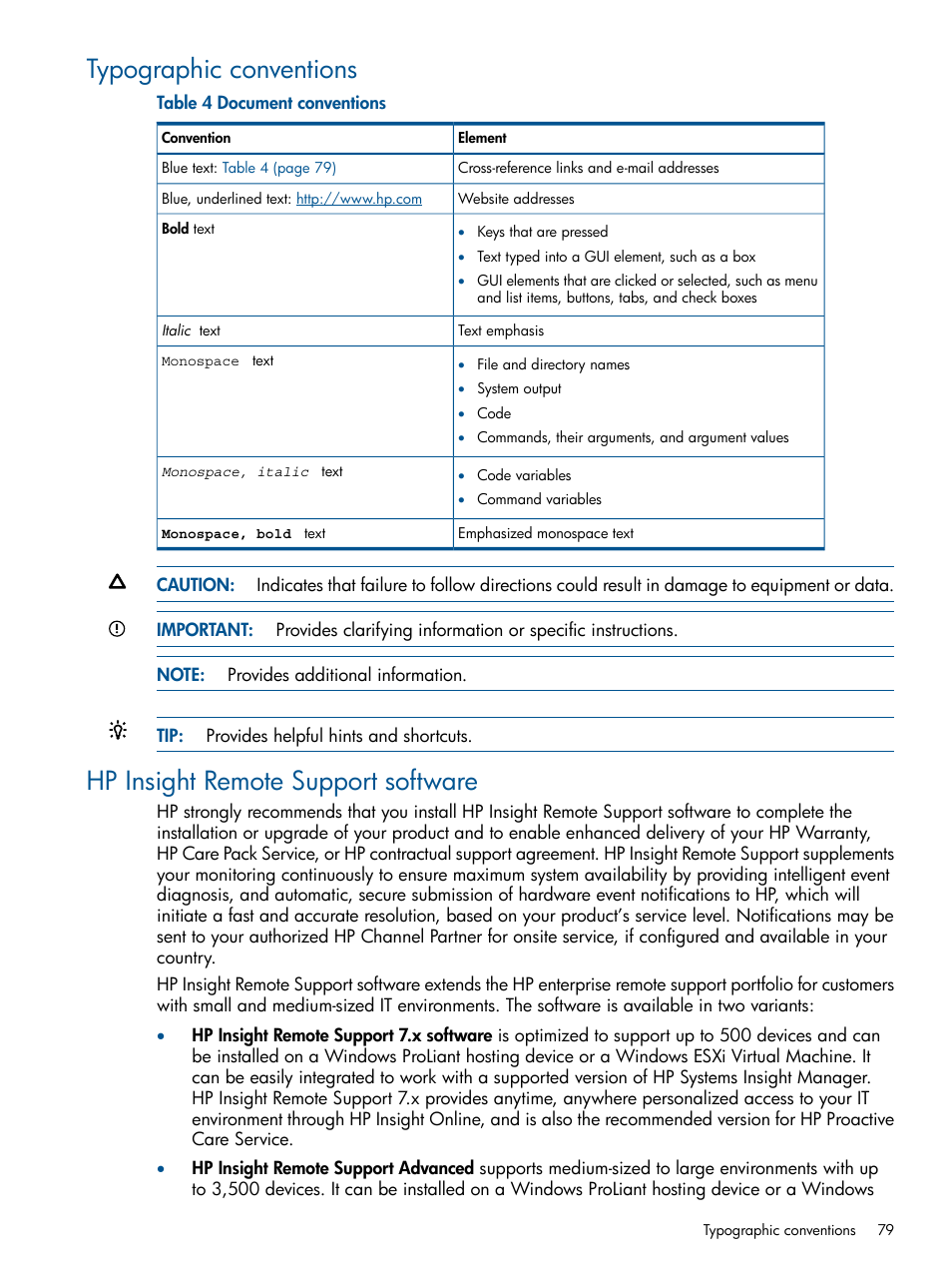 Typographic conventions, Hp insight remote support software | HP Smart Update Manager (User Guide) User Manual | Page 79 / 85