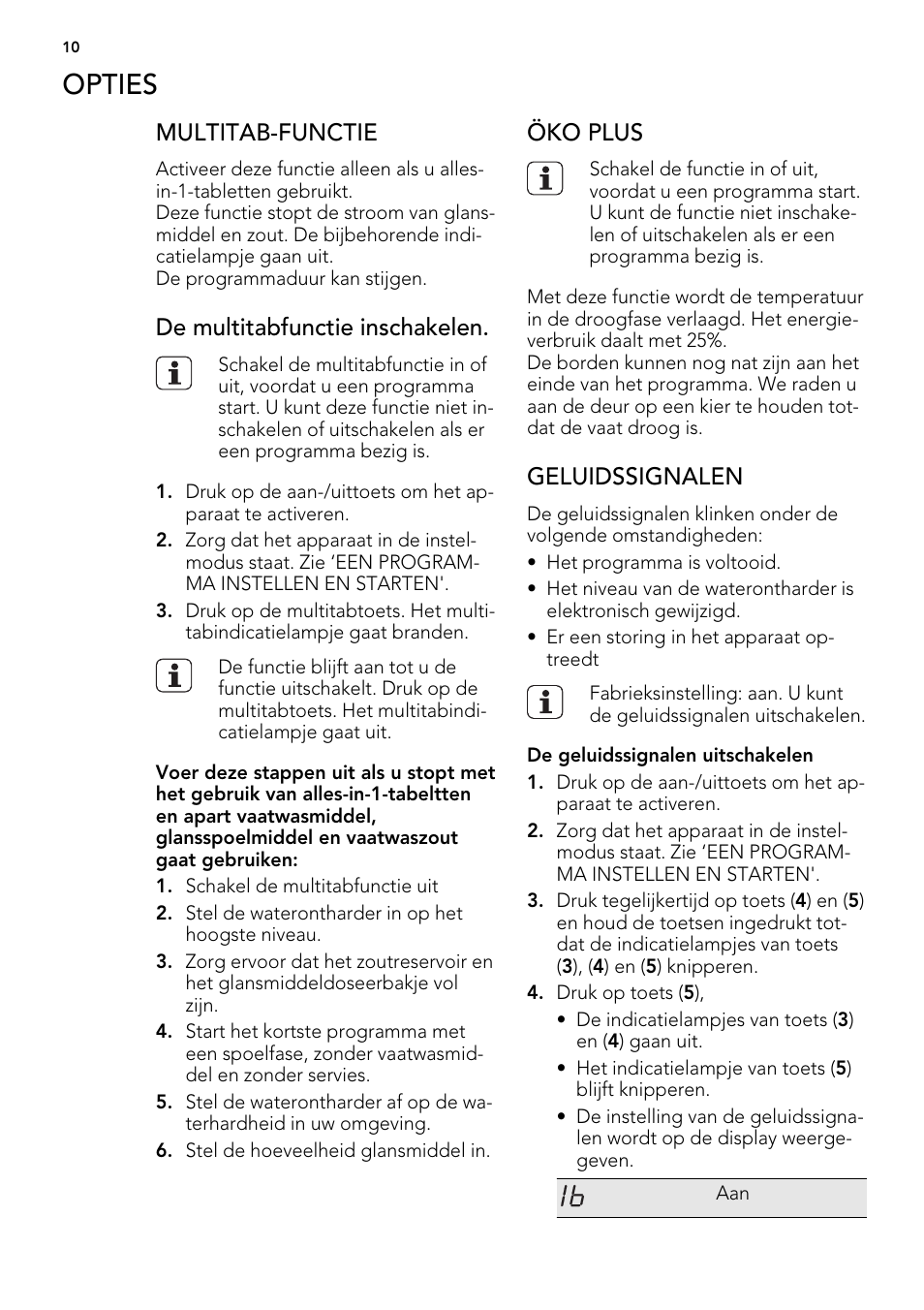 Opties, Multitab-functie, De multitabfunctie inschakelen | Öko plus, Geluidssignalen | AEG FAV50KVI0P User Manual | Page 10 / 88