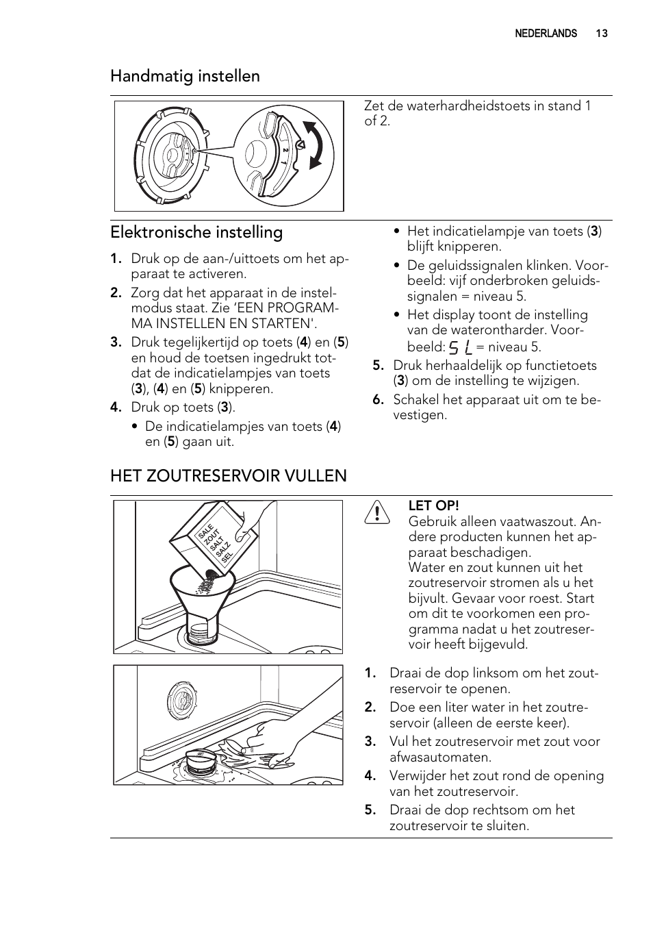 Handmatig instellen, Elektronische instelling, Het zoutreservoir vullen | AEG FAV50KVI0P User Manual | Page 13 / 88