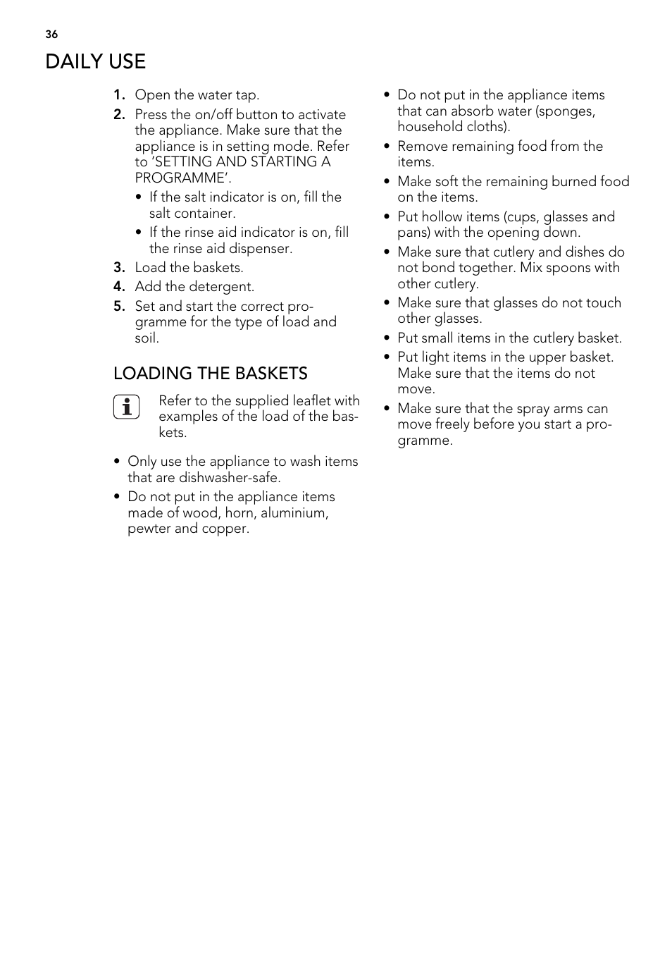 Daily use, Loading the baskets | AEG FAV50KVI0P User Manual | Page 36 / 88