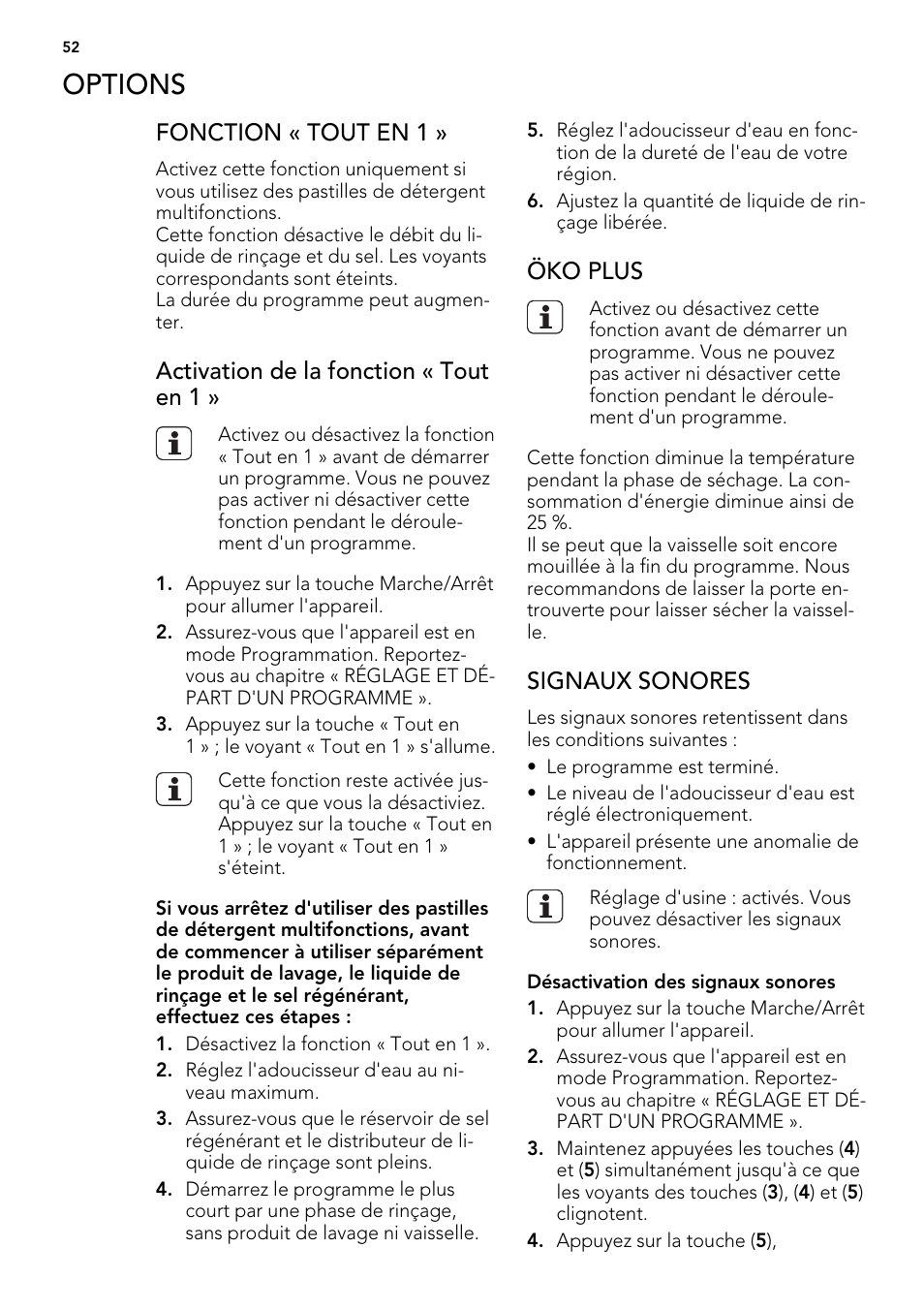 Options, Fonction « tout en 1, Activation de la fonction « tout en 1 | Öko plus, Signaux sonores | AEG FAV50KVI0P User Manual | Page 52 / 88