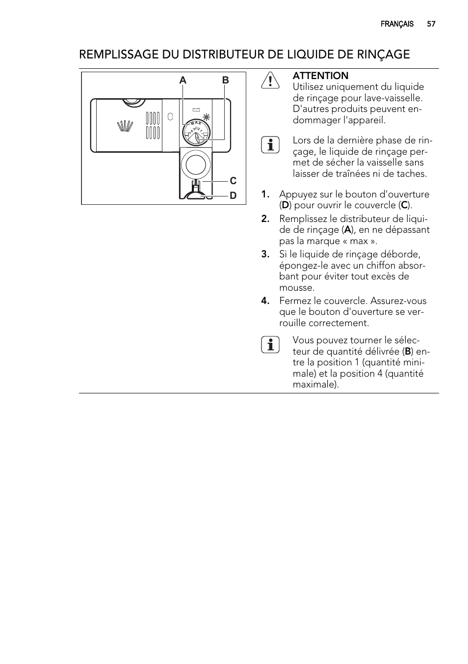 Remplissage du distributeur de liquide de rinçage | AEG FAV50KVI0P User Manual | Page 57 / 88
