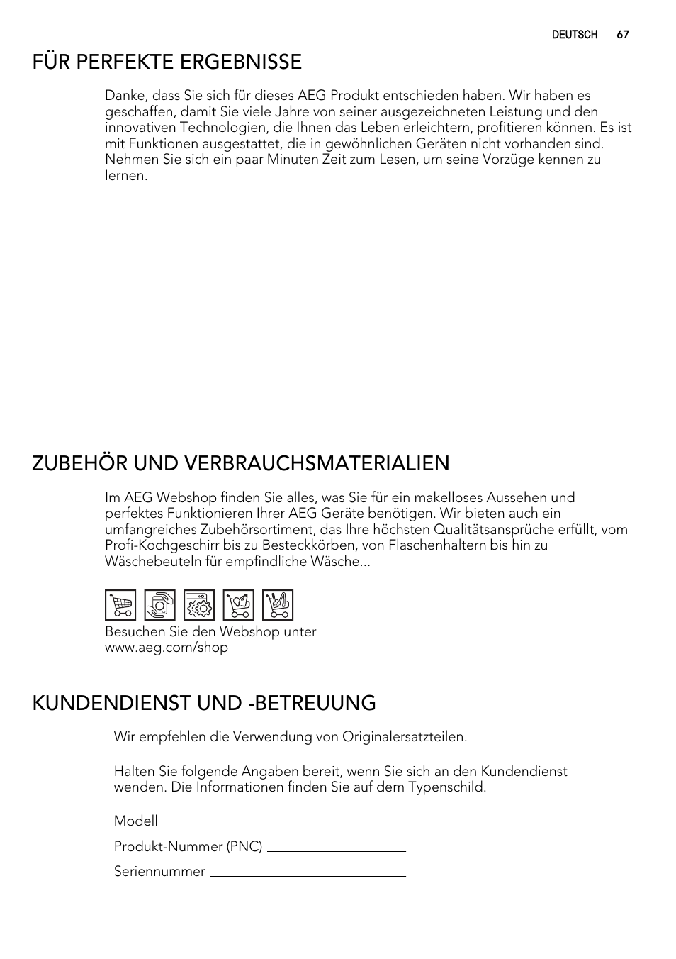 Für perfekte ergebnisse, Zubehör und verbrauchsmaterialien, Kundendienst und -betreuung | AEG FAV50KVI0P User Manual | Page 67 / 88