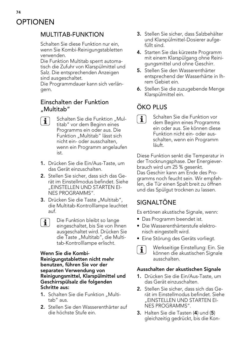 Optionen, Multitab-funktion, Einschalten der funktion „multitab | Öko plus, Signaltöne | AEG FAV50KVI0P User Manual | Page 74 / 88