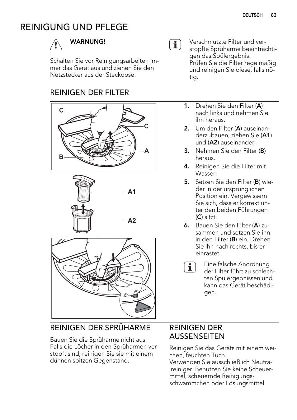 Reinigung und pflege, Reinigen der filter, Reinigen der sprüharme | Reinigen der aussenseiten | AEG FAV50KVI0P User Manual | Page 83 / 88