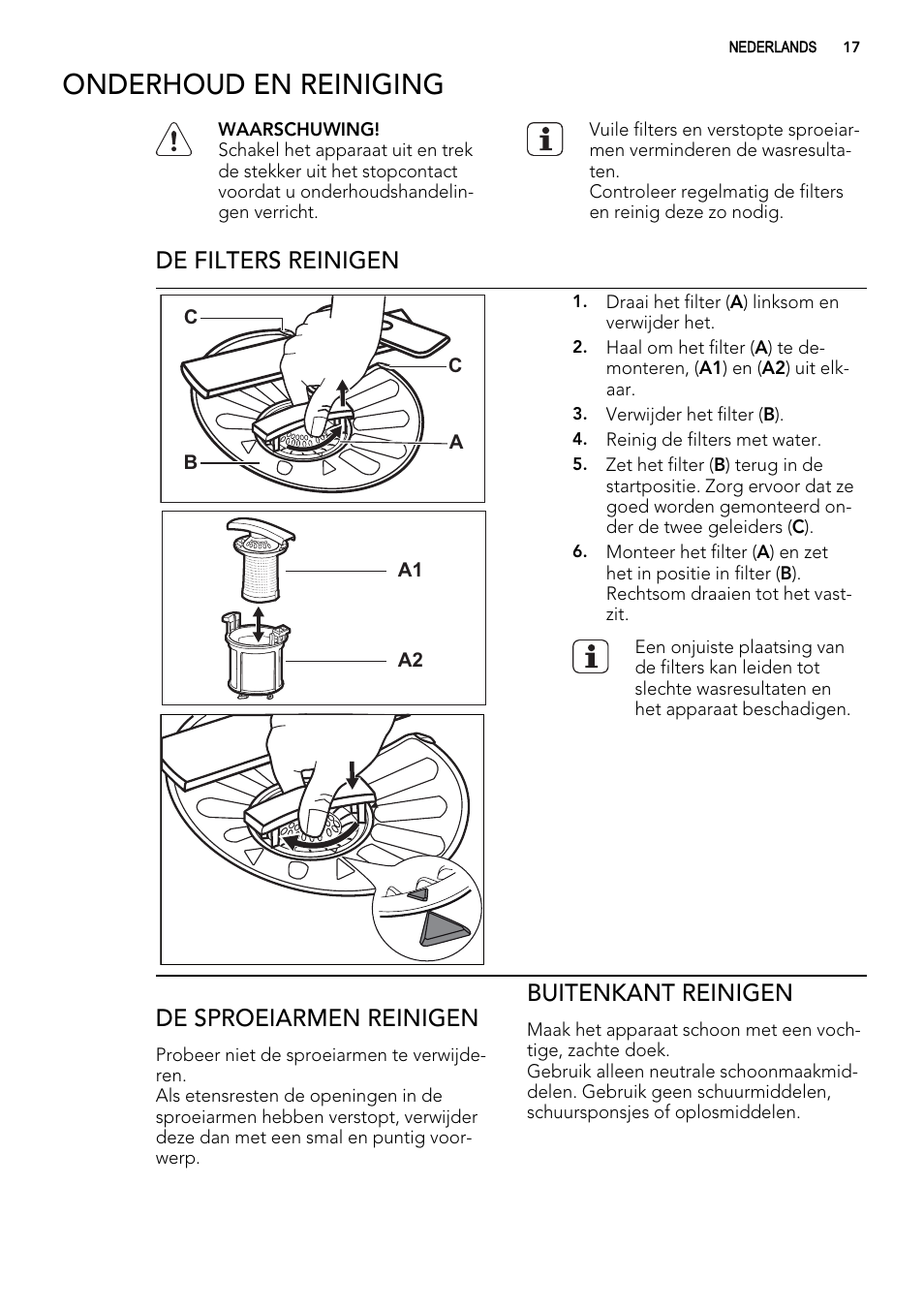 Onderhoud en reiniging, De filters reinigen, De sproeiarmen reinigen | Buitenkant reinigen | AEG F78029VI0P User Manual | Page 17 / 84