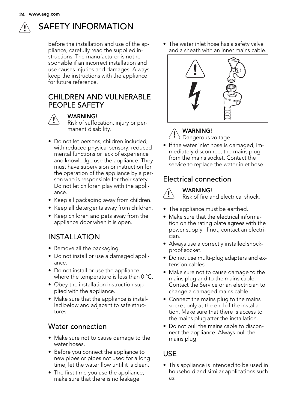 Safety information, Children and vulnerable people safety, Installation | Water connection, Electrical connection | AEG F78029VI0P User Manual | Page 24 / 84