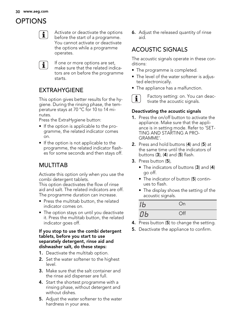 Options, Extrahygiene, Multitab | Acoustic signals | AEG F78029VI0P User Manual | Page 30 / 84