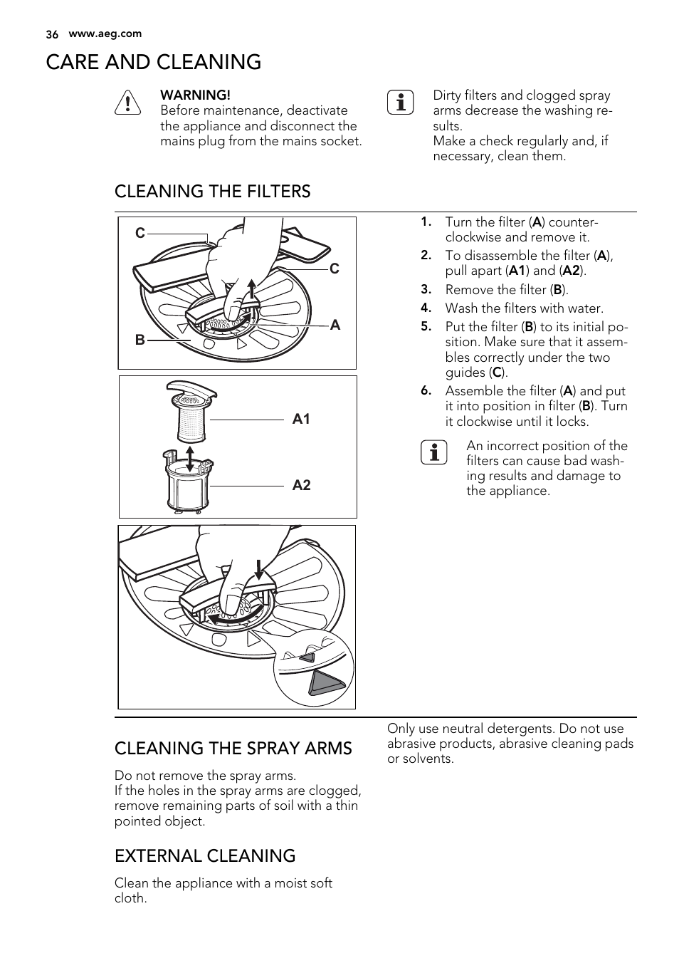 Care and cleaning, Cleaning the filters, Cleaning the spray arms | External cleaning | AEG F78029VI0P User Manual | Page 36 / 84