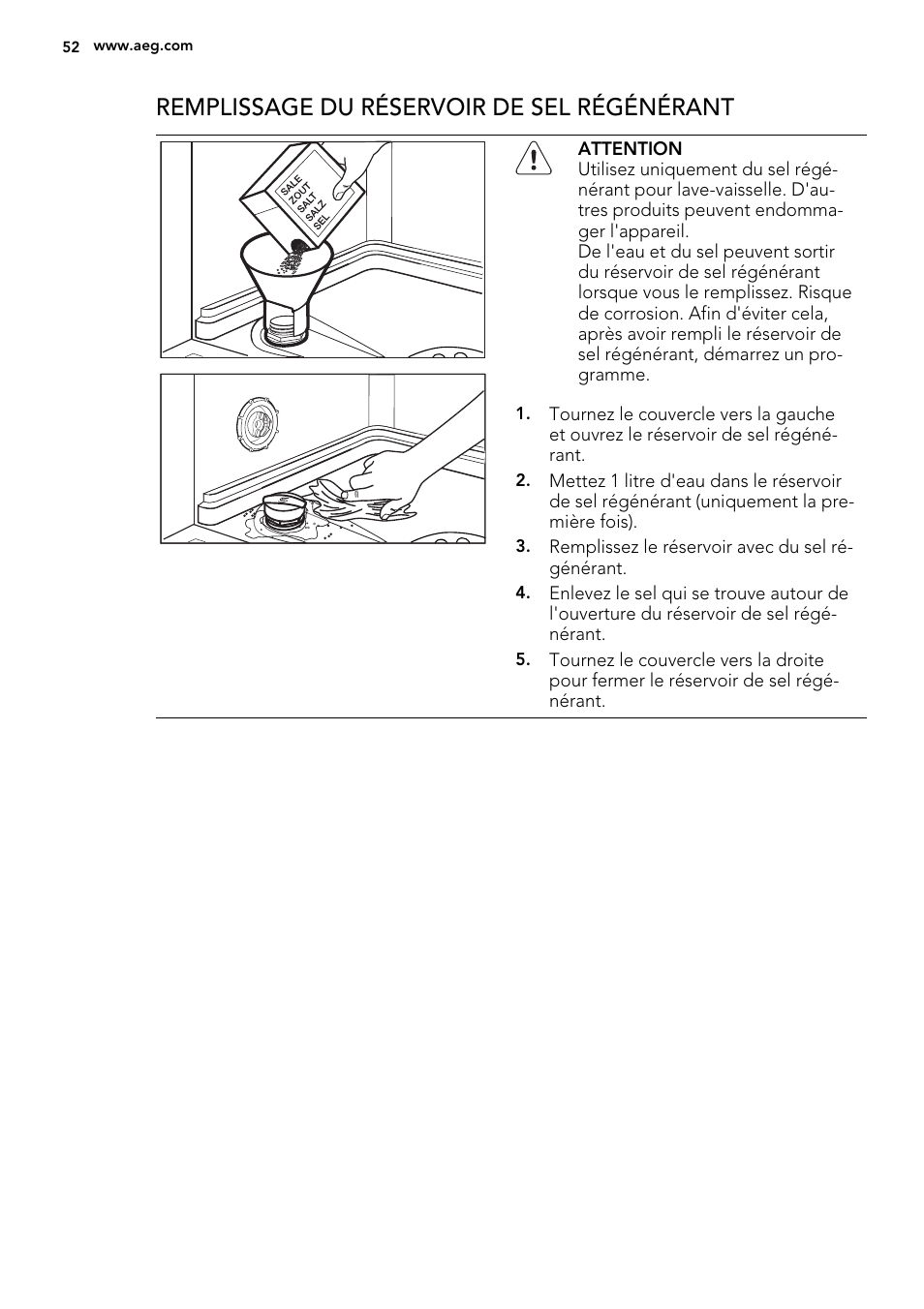 Remplissage du réservoir de sel régénérant | AEG F78029VI0P User Manual | Page 52 / 84