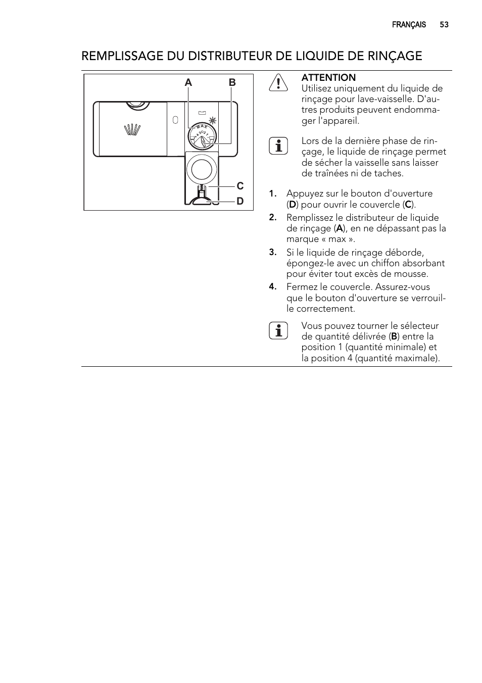 Remplissage du distributeur de liquide de rinçage, Ab d c | AEG F78029VI0P User Manual | Page 53 / 84