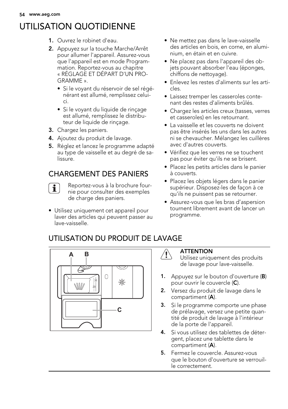 Utilisation quotidienne, Chargement des paniers, Utilisation du produit de lavage | AEG F78029VI0P User Manual | Page 54 / 84