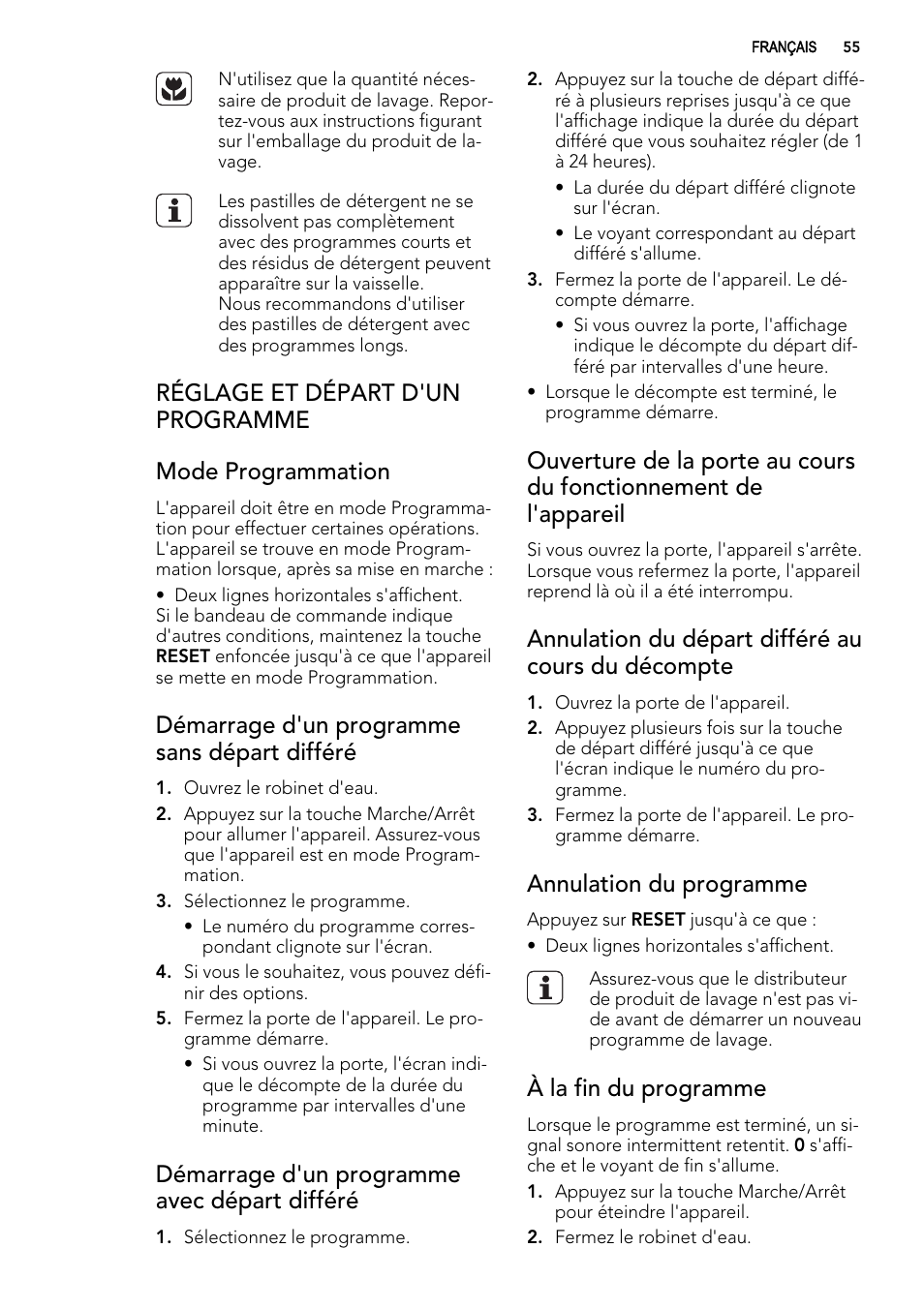 Démarrage d'un programme sans départ différé, Démarrage d'un programme avec départ différé, Annulation du départ différé au cours du décompte | Annulation du programme, À la fin du programme | AEG F78029VI0P User Manual | Page 55 / 84