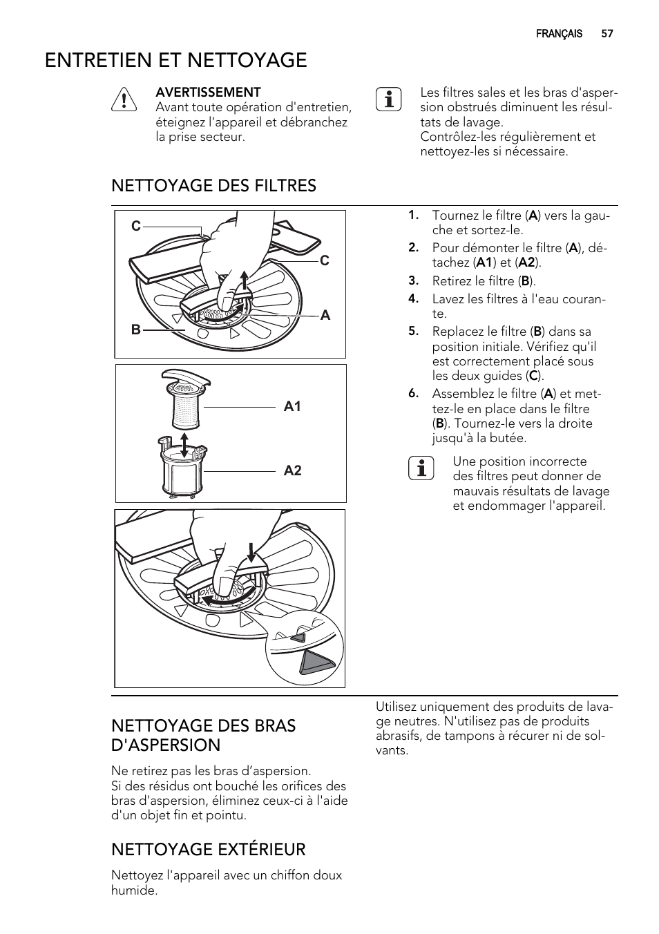 Entretien et nettoyage, Nettoyage des filtres, Nettoyage des bras d'aspersion | Nettoyage extérieur | AEG F78029VI0P User Manual | Page 57 / 84
