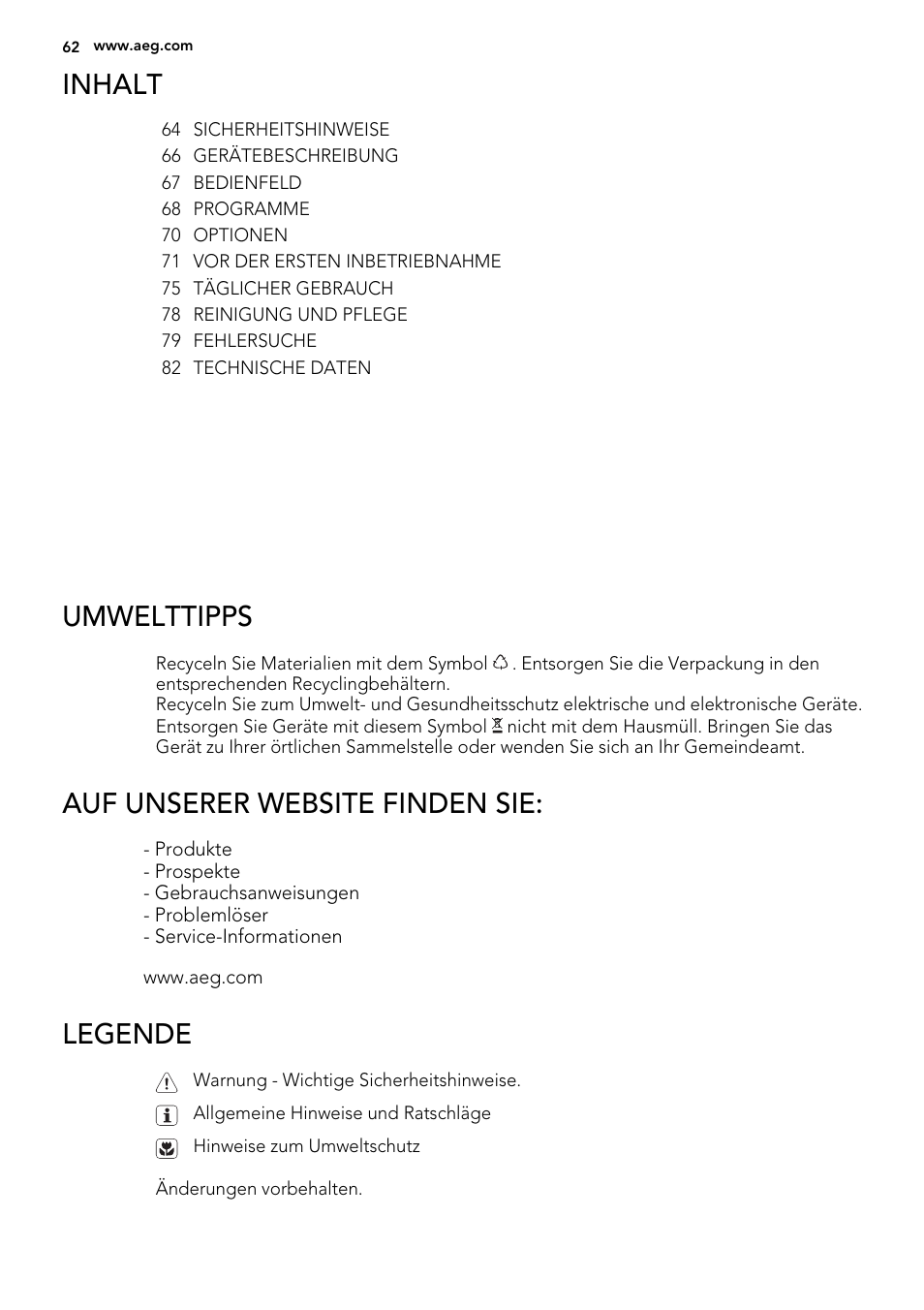 Inhalt, Umwelttipps, Auf unserer website finden sie | Legende | AEG F78029VI0P User Manual | Page 62 / 84