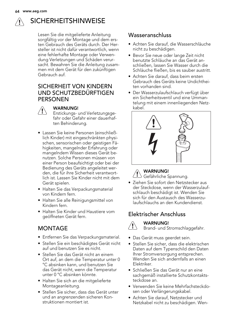 Sicherheitshinweise, Montage, Wasseranschluss | Elektrischer anschluss | AEG F78029VI0P User Manual | Page 64 / 84