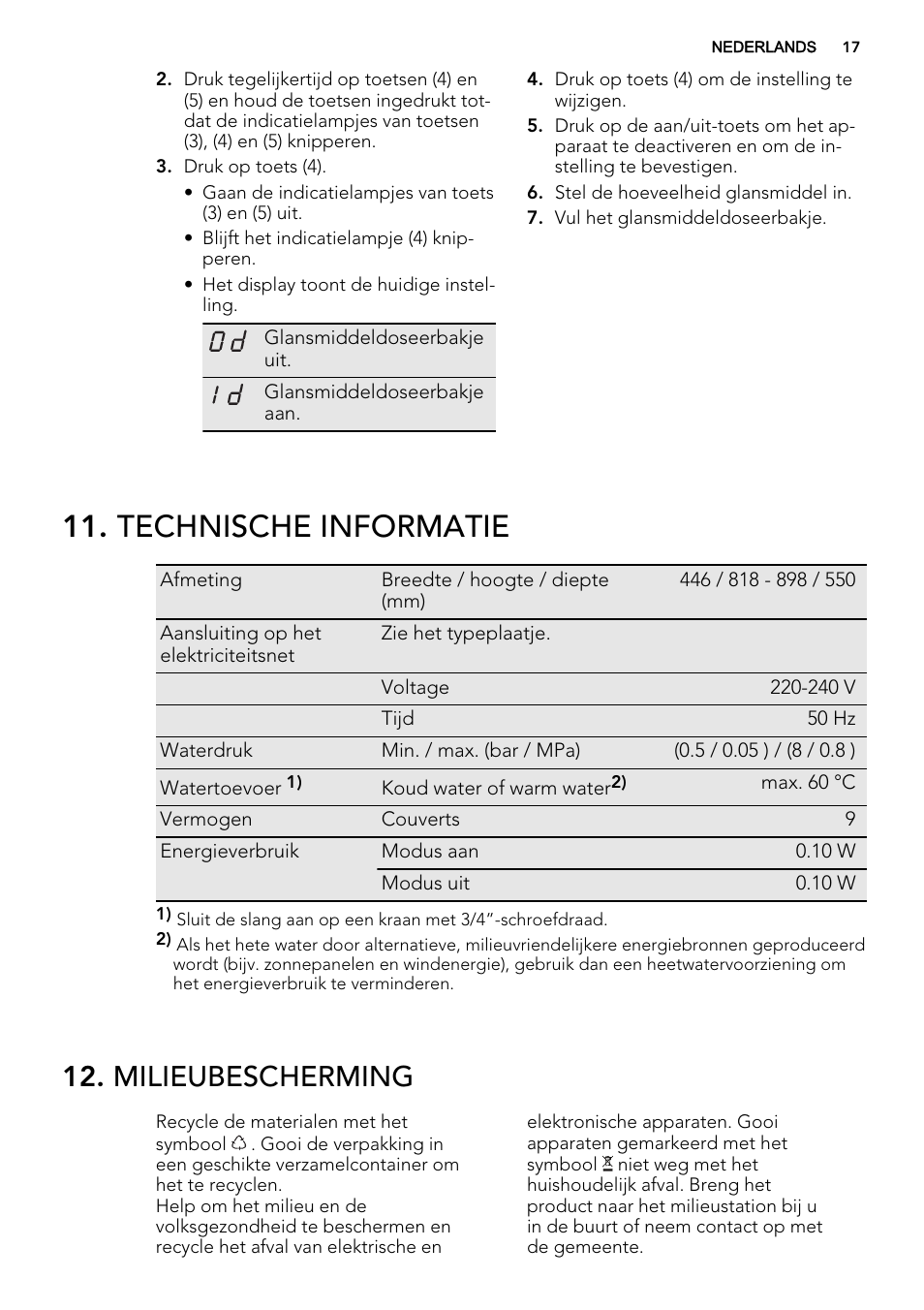 Technische informatie, Milieubescherming | AEG F78420VI0P User Manual | Page 17 / 68