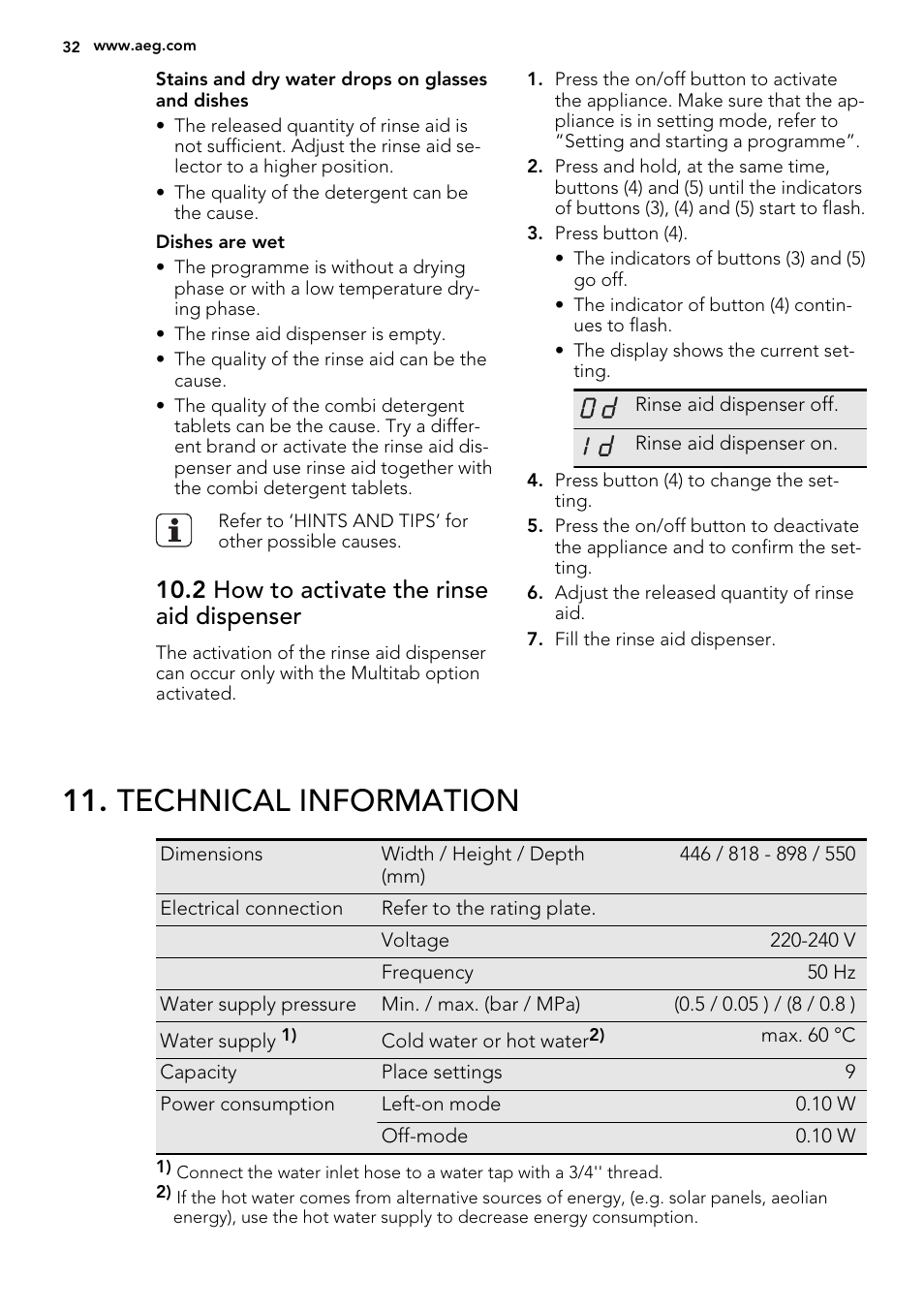 Technical information, 2 how to activate the rinse aid dispenser | AEG F78420VI0P User Manual | Page 32 / 68