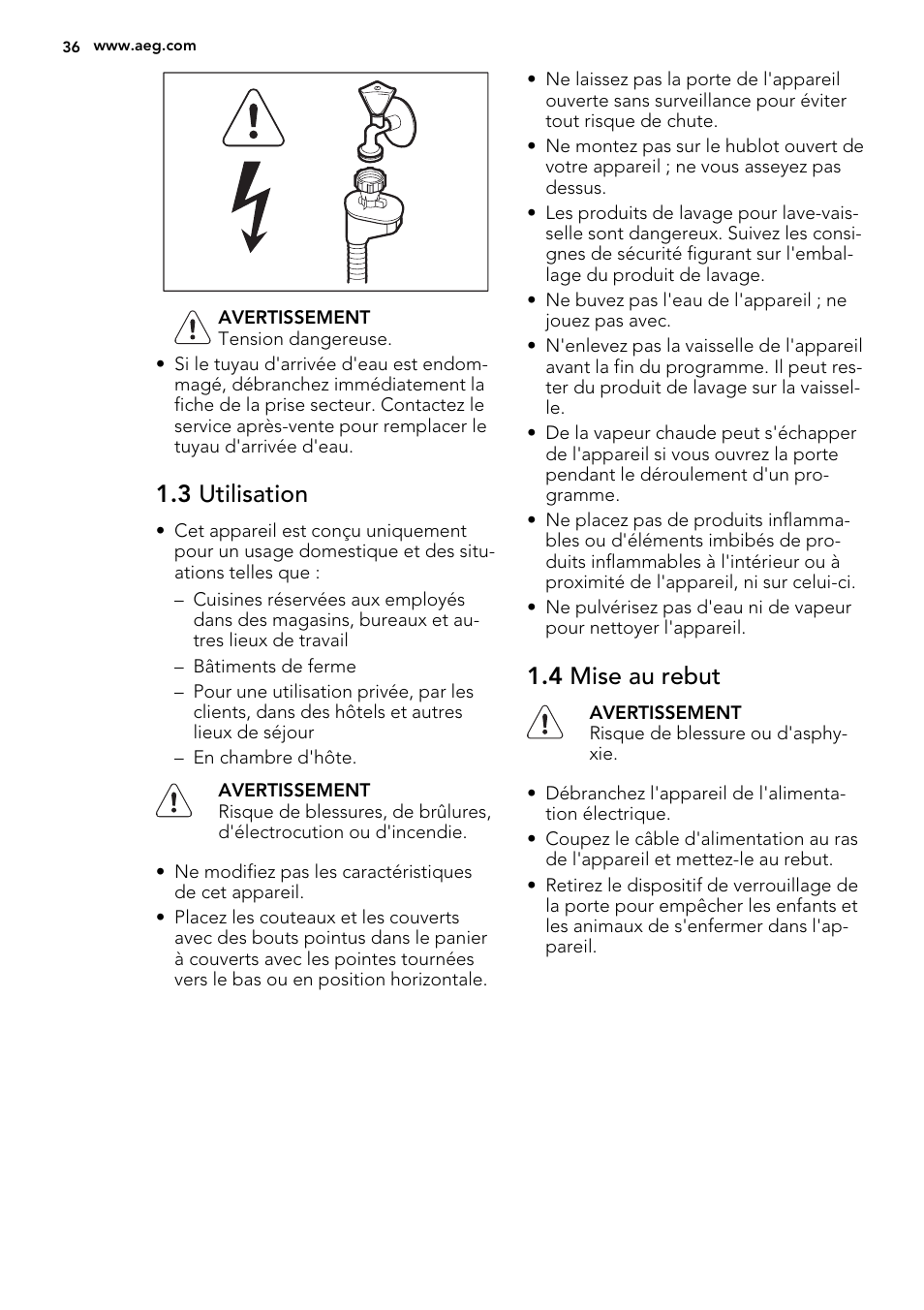 3 utilisation, 4 mise au rebut | AEG F78420VI0P User Manual | Page 36 / 68