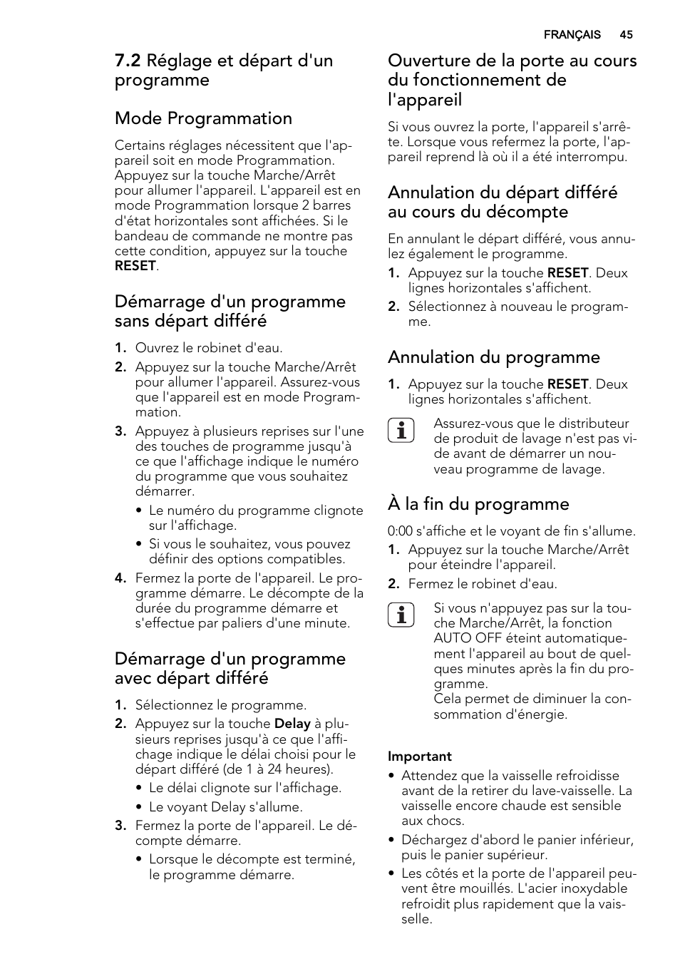 Démarrage d'un programme sans départ différé, Démarrage d'un programme avec départ différé, Annulation du départ différé au cours du décompte | Annulation du programme, À la fin du programme | AEG F78420VI0P User Manual | Page 45 / 68