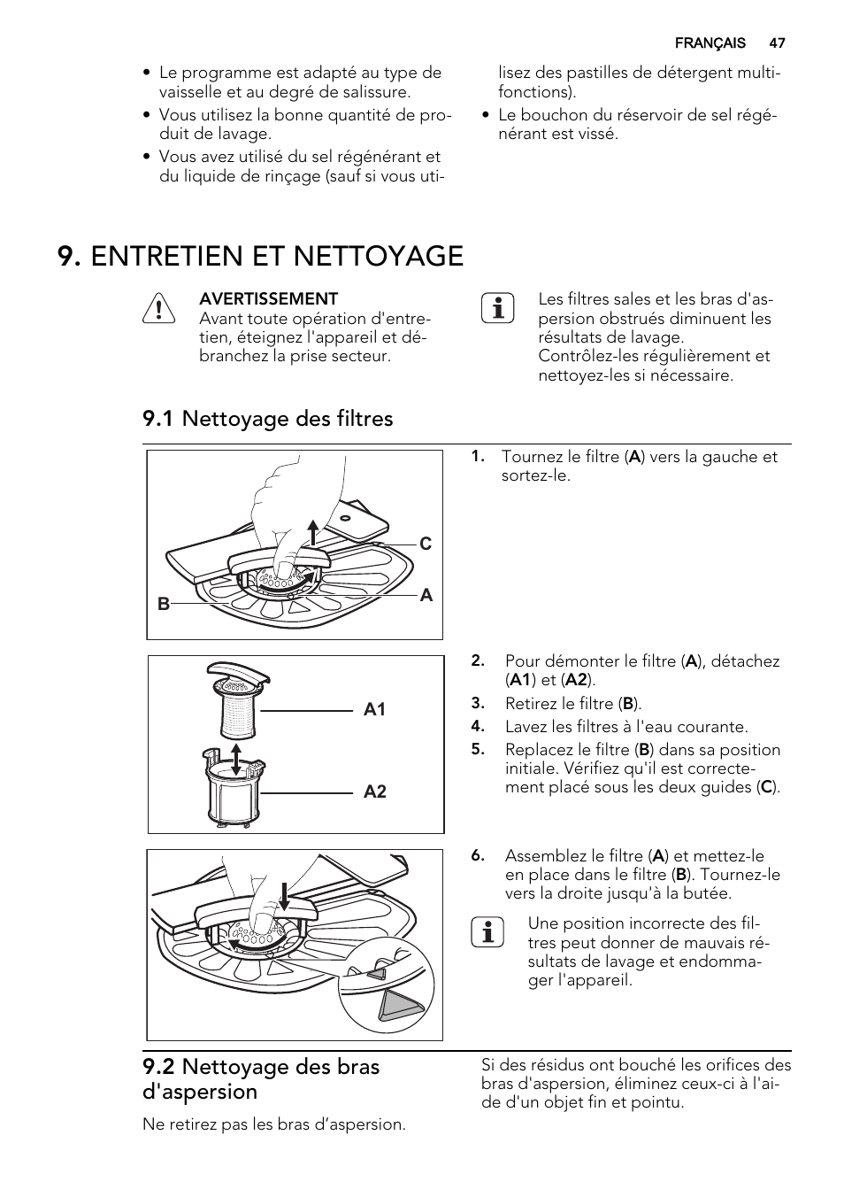 Entretien et nettoyage, 1 nettoyage des filtres, 2 nettoyage des bras d'aspersion | AEG F78420VI0P User Manual | Page 47 / 68