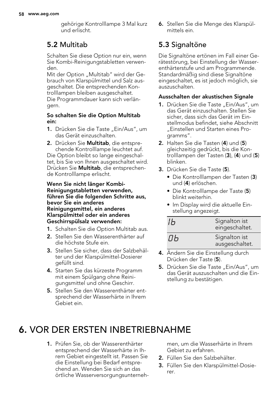 Vor der ersten inbetriebnahme, 2 multitab, 3 signaltöne | AEG F78420VI0P User Manual | Page 58 / 68