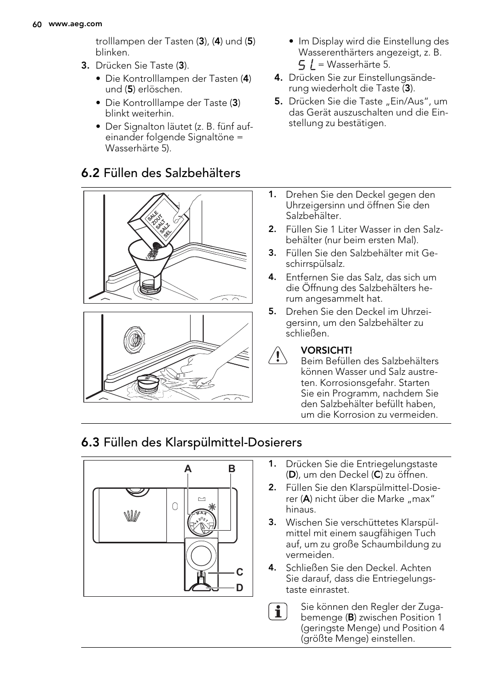 2 füllen des salzbehälters, 3 füllen des klarspülmittel-dosierers | AEG F78420VI0P User Manual | Page 60 / 68