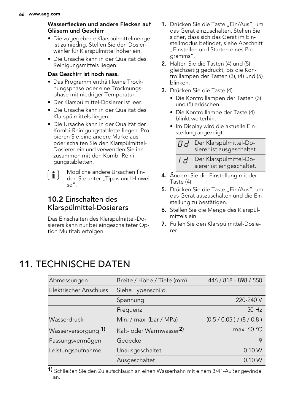 Technische daten, 2 einschalten des klarspülmittel-dosierers | AEG F78420VI0P User Manual | Page 66 / 68