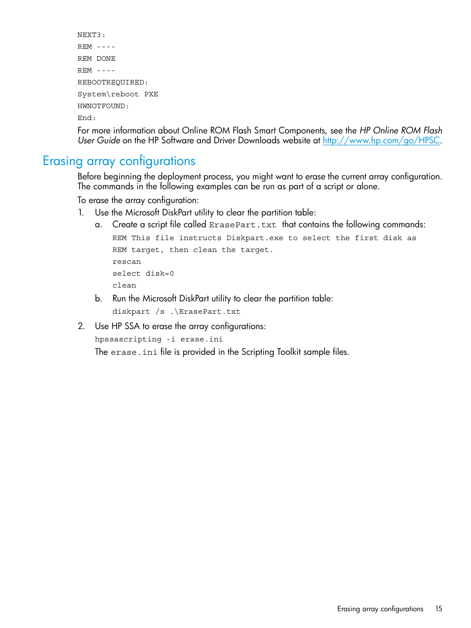 Erasing array configurations | HP Scripting Toolkit for Windows 9.50 User Manual | Page 15 / 62