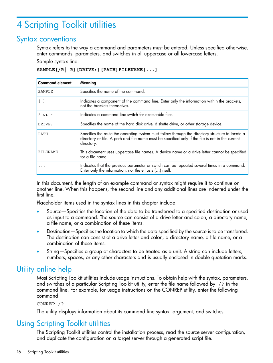 4 scripting toolkit utilities, Syntax conventions, Utility online help | Using scripting toolkit utilities | HP Scripting Toolkit for Windows 9.50 User Manual | Page 16 / 62