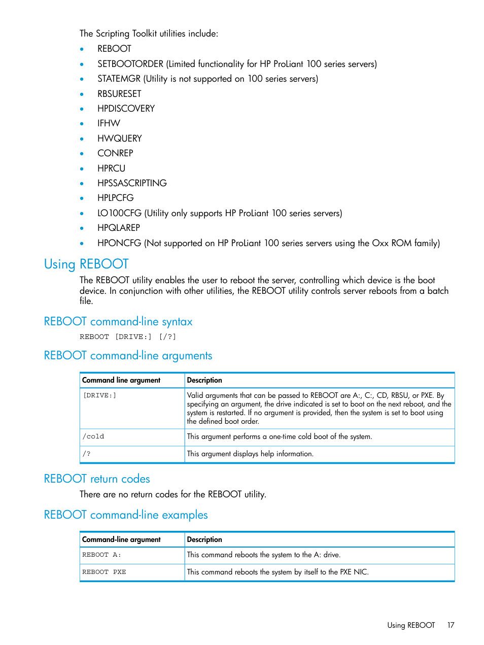 Using reboot, Reboot command-line syntax, Reboot command-line arguments | Reboot return codes, Reboot command-line examples | HP Scripting Toolkit for Windows 9.50 User Manual | Page 17 / 62