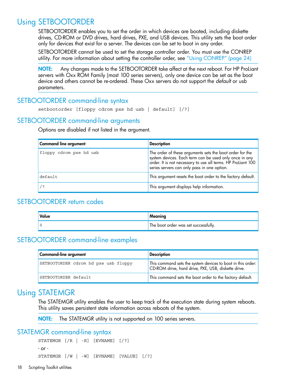 Using setbootorder, Setbootorder command-line syntax, Setbootorder command-line arguments | Setbootorder return codes, Setbootorder command-line examples, Using statemgr, Statemgr command-line syntax | HP Scripting Toolkit for Windows 9.50 User Manual | Page 18 / 62