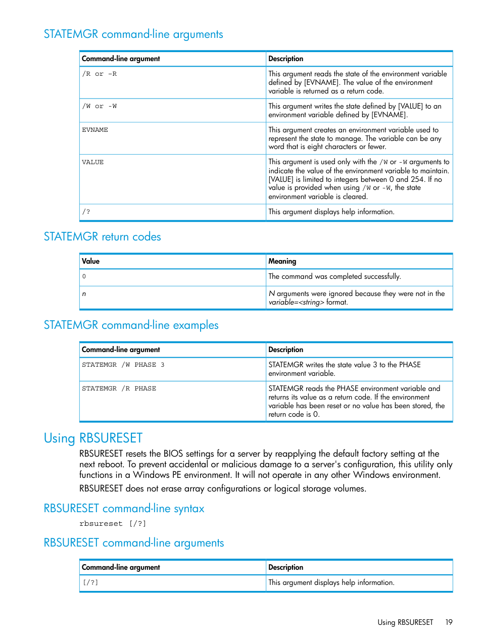 Statemgr command-line arguments, Statemgr return codes, Statemgr command-line examples | Using rbsureset, Rbsureset command-line syntax, Rbsureset command-line arguments | HP Scripting Toolkit for Windows 9.50 User Manual | Page 19 / 62