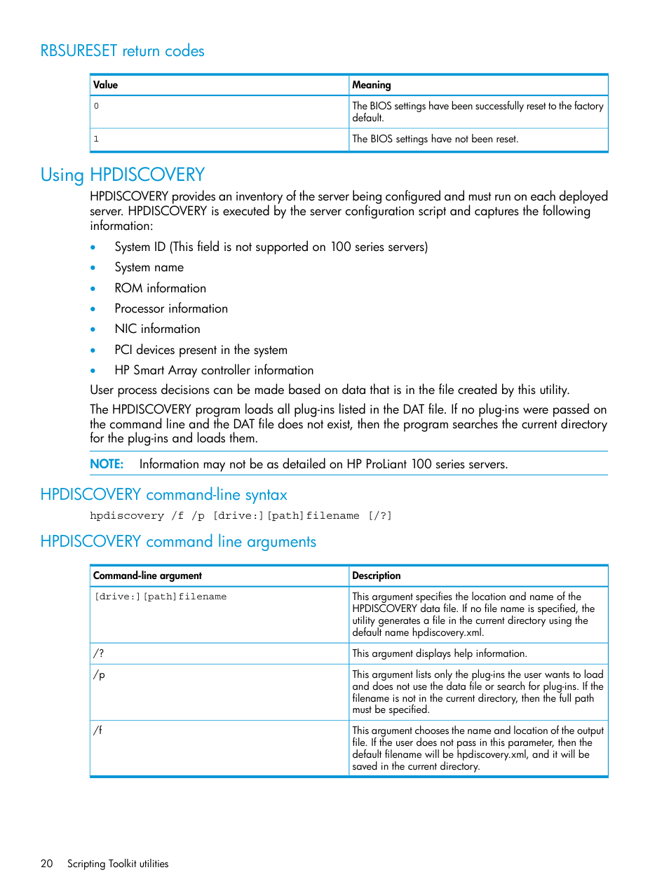 Rbsureset return codes, Using hpdiscovery, Hpdiscovery command-line syntax | Hpdiscovery command line arguments | HP Scripting Toolkit for Windows 9.50 User Manual | Page 20 / 62