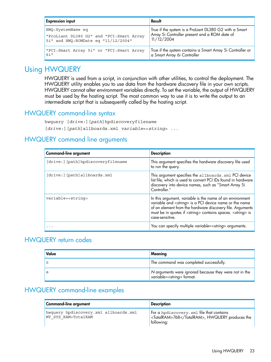 Using hwquery, Hwquery command-line syntax, Hwquery command line arguments | Hwquery return codes, Hwquery command-line examples | HP Scripting Toolkit for Windows 9.50 User Manual | Page 23 / 62