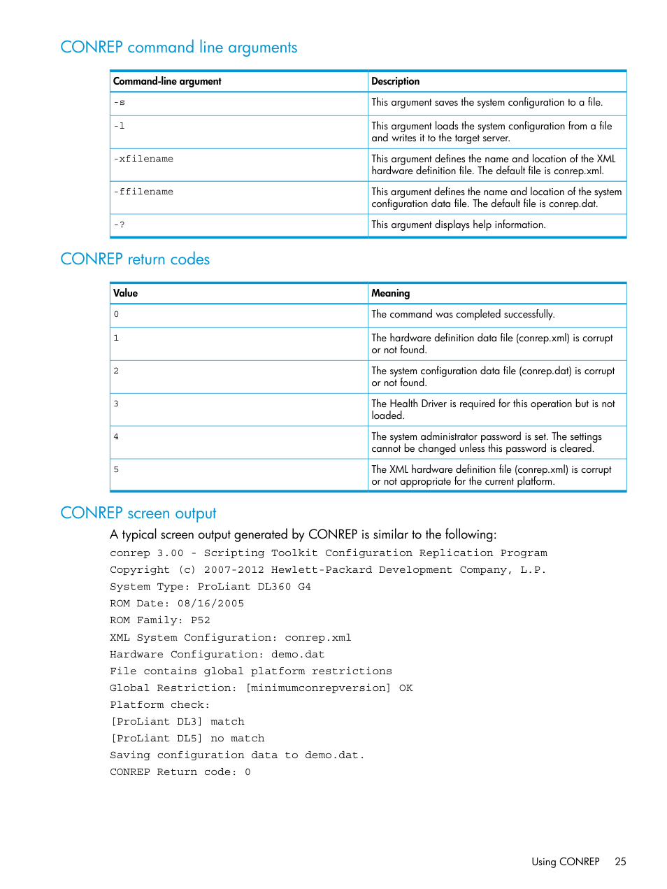 Conrep command line arguments, Conrep return codes, Conrep screen output | HP Scripting Toolkit for Windows 9.50 User Manual | Page 25 / 62