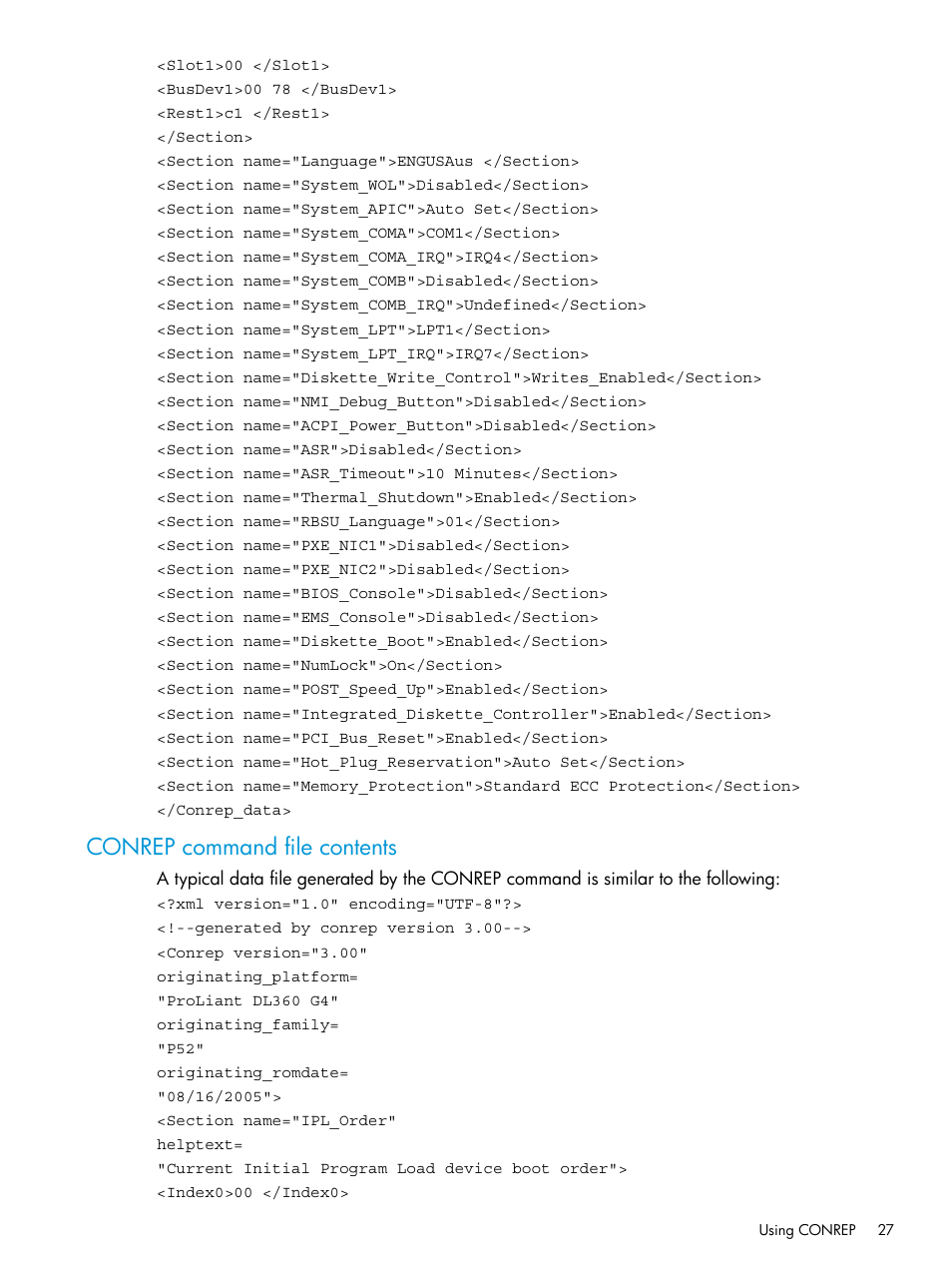 Conrep command file contents | HP Scripting Toolkit for Windows 9.50 User Manual | Page 27 / 62