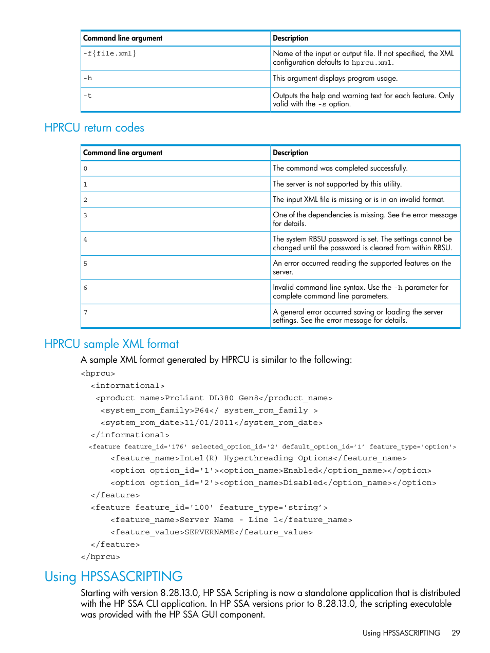 Hprcu return codes, Hprcu sample xml format, Using hpssascripting | Hprcu return codes hprcu sample xml format | HP Scripting Toolkit for Windows 9.50 User Manual | Page 29 / 62