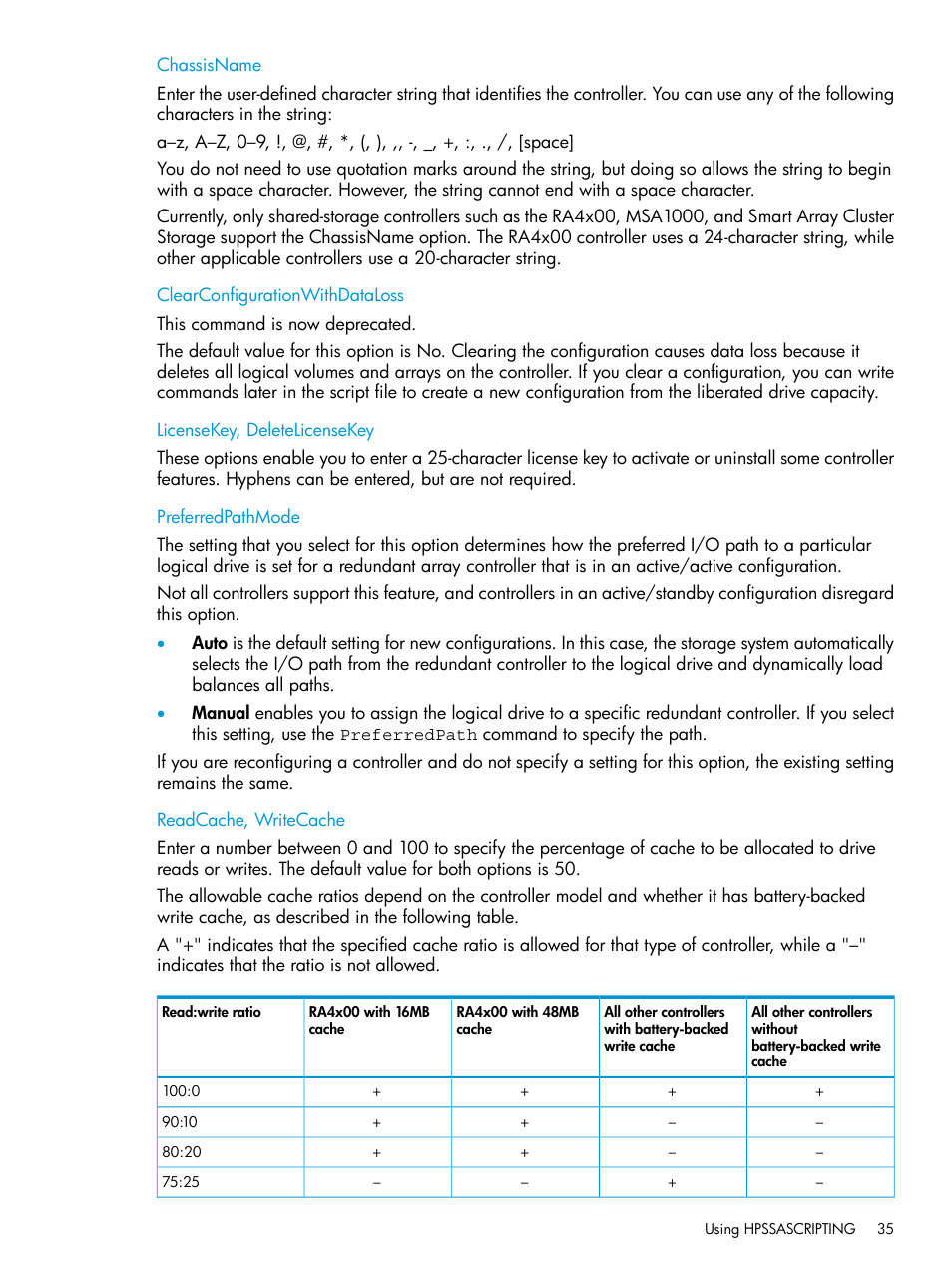 Chassisname, Clearconfigurationwithdataloss, Licensekey, deletelicensekey | Preferredpathmode, Readcache, writecache | HP Scripting Toolkit for Windows 9.50 User Manual | Page 35 / 62