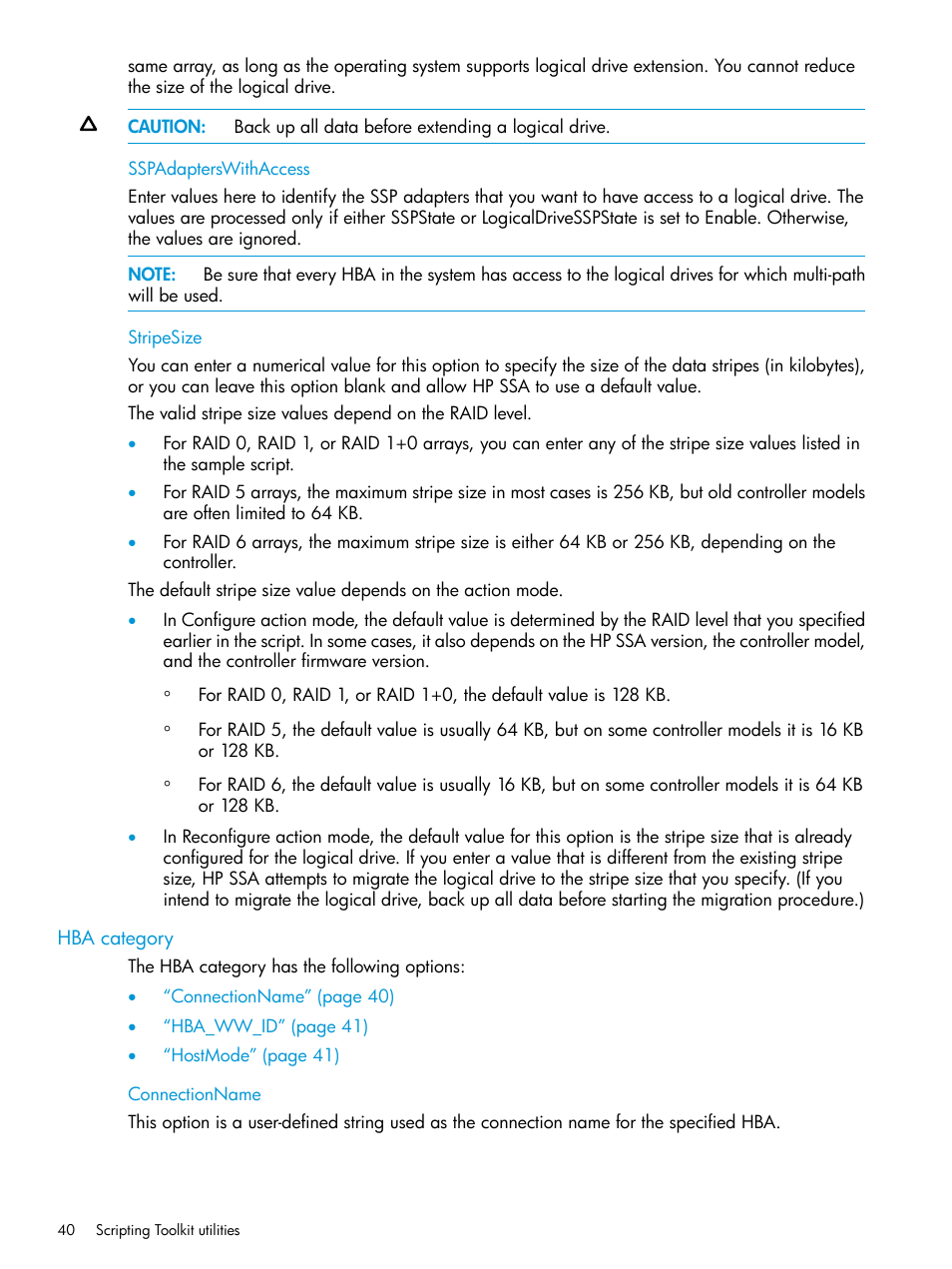 Sspadapterswithaccess, Stripesize, Hba category | Connectionname, Sspadapterswithaccess stripesize | HP Scripting Toolkit for Windows 9.50 User Manual | Page 40 / 62
