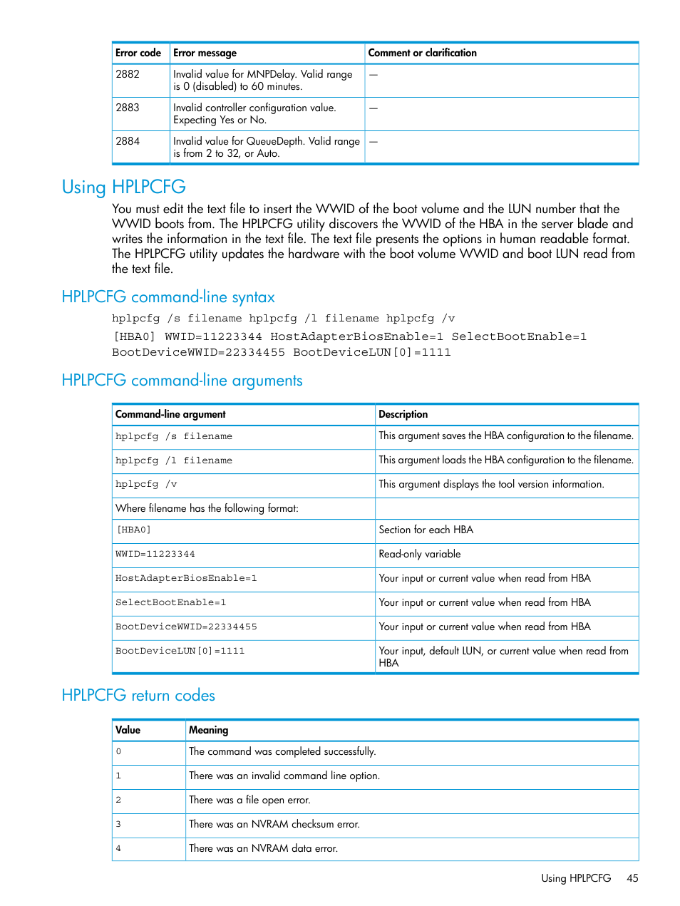 Using hplpcfg, Hplpcfg command-line syntax, Hplpcfg command-line arguments | Hplpcfg return codes | HP Scripting Toolkit for Windows 9.50 User Manual | Page 45 / 62