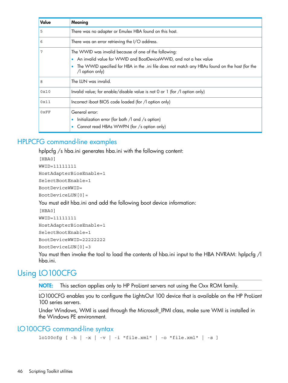 Hplpcfg command-line examples, Using lo100cfg, Lo100cfg command-line syntax | HP Scripting Toolkit for Windows 9.50 User Manual | Page 46 / 62