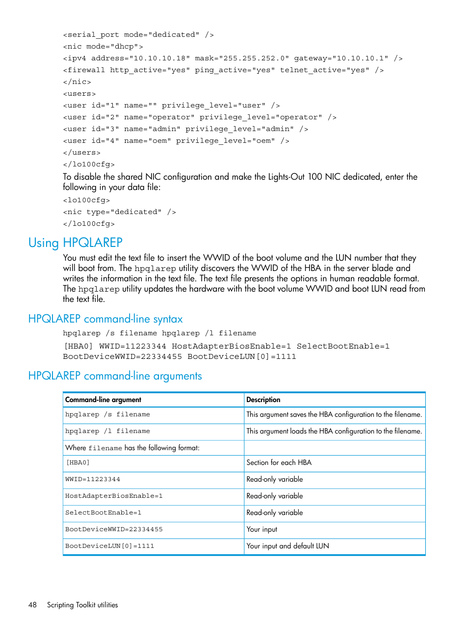Using hpqlarep, Hpqlarep command-line syntax, Hpqlarep command-line arguments | HP Scripting Toolkit for Windows 9.50 User Manual | Page 48 / 62