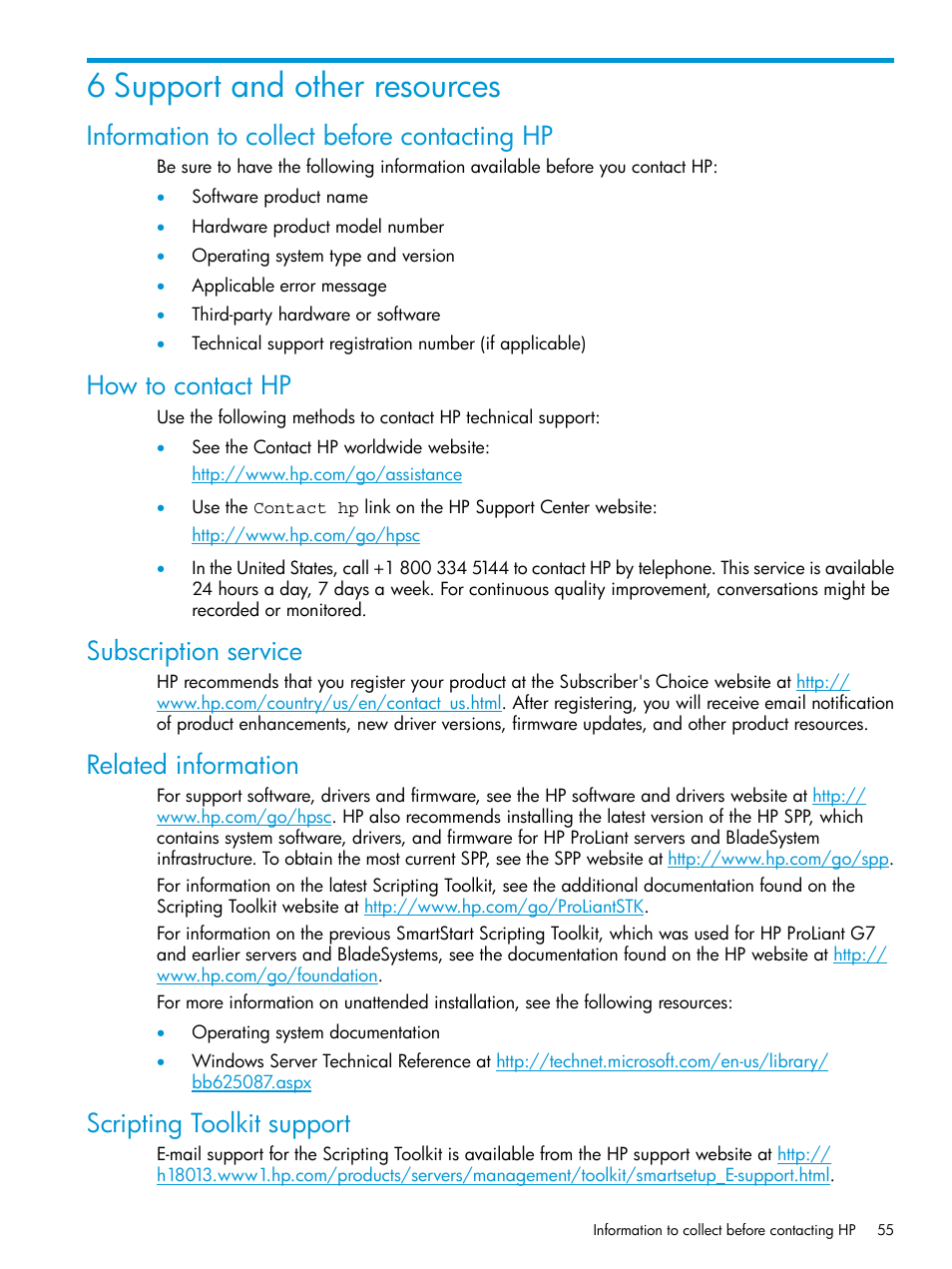 6 support and other resources, Information to collect before contacting hp, How to contact hp | Subscription service, Related information, Scripting toolkit support | HP Scripting Toolkit for Windows 9.50 User Manual | Page 55 / 62