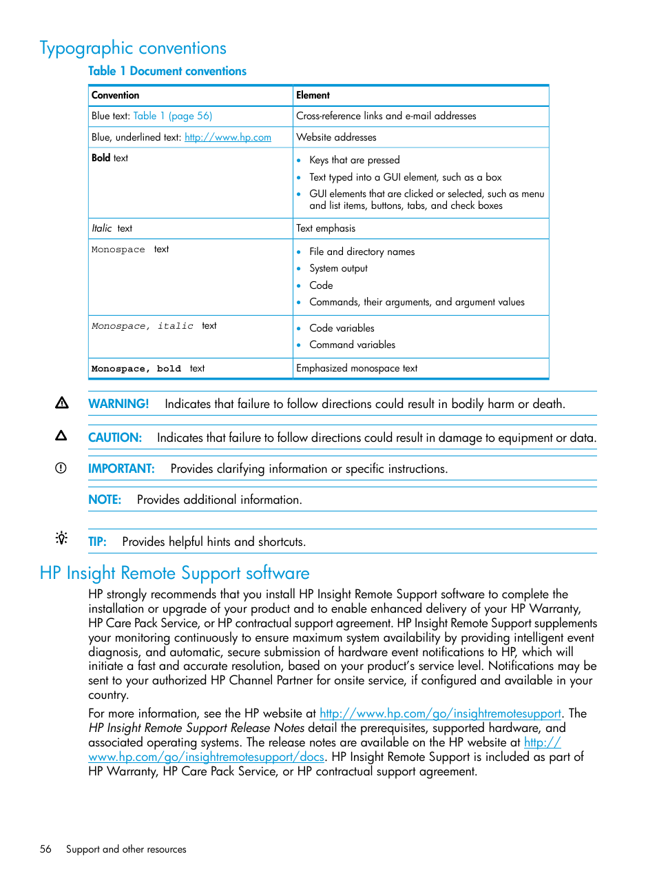 Typographic conventions, Hp insight remote support software | HP Scripting Toolkit for Windows 9.50 User Manual | Page 56 / 62