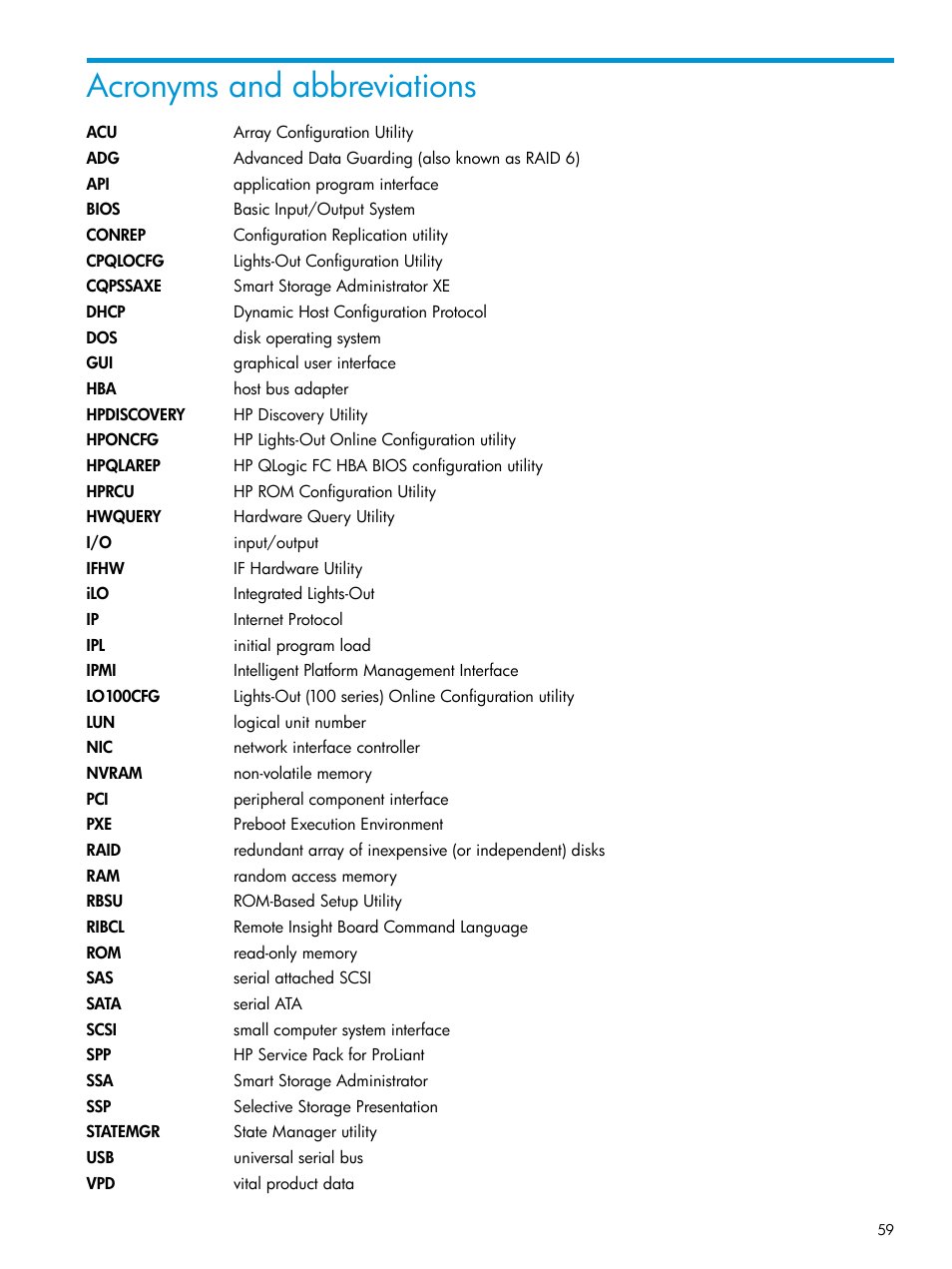 Acronyms and abbreviations | HP Scripting Toolkit for Windows 9.50 User Manual | Page 59 / 62